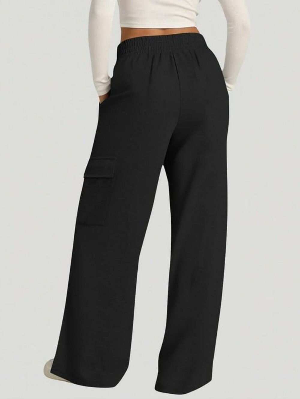 Women's Black Athletic Cargo Full Length Wide Leg Pants By Ebb & Flow Medium